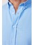 Slim Fit Uzun Kollu Biyeli Yaka Düğmeli Keten Mavi Erkek Gömlek 4