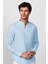Slim Fit Uzun Kollu Dar Kalıp Hakim Yaka Pamuklu Keten Doku Mavi Gömlek 1