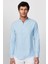 Slim Fit Uzun Kollu Dar Kalıp Hakim Yaka Pamuklu Keten Doku Mavi Gömlek 3