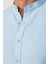 Slim Fit Uzun Kollu Dar Kalıp Hakim Yaka Pamuklu Keten Doku Mavi Gömlek 4