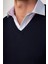 Slim Fit Dar Kesim V Yaka Kendinden Desenli Lacivert Erkek Süveter 4
