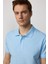 Erkek Slim Fit Dar Kesim Pamuk Düz Pike Mavi Polo Yaka Tişört 2