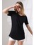 Eteği Oval Salaş Pamuklu Penye Kompakt T-Shirt 21733 Siyah 2