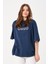 Lacivert Bisiklet Yaka Baskılı Oversize T-Shirt 2