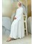 Taş Işleme Detaylı Elbise Abaya Takım 3873 Ekru 3