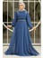 Drape Detaylı Indigo Mavisi Tesettür Abiye Elbise 25879IM 2