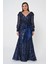V Yaka Büyük Beden Işlemeli Uzun Kollu Lacivert Kadın Abiye 2246667 1