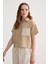 Kadın Keten Dantel Detaylı Kısa Kol Camel Gömlek VVK47031 1