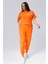Kadın Büyük Beden Taş ve Boncuk Detaylı Kısa Kollu Yazlık Turuncu Eşofman Takımı 1