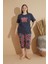 Kadın Penye Lacivert Baskılı Kapri - Bermuda Büyük Beden Pijama Takımı 1