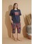 Kadın Penye Lacivert Baskılı Kapri - Bermuda Büyük Beden Pijama Takımı 3