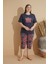 Kadın Penye Lacivert Baskılı Kapri - Bermuda Büyük Beden Pijama Takımı 5