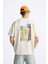The Champ Bisiklet Yaka Palmiye Baskılı Oversize Bej Erkek T-Shirt 4