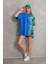 Unisex Bisiklet Yaka Baskılı Oversize T-Shirt - Mavi 1