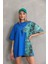 Unisex Bisiklet Yaka Baskılı Oversize T-Shirt - Mavi 4