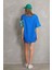 Unisex Bisiklet Yaka Baskılı Oversize T-Shirt - Mavi 5