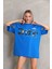 Unisex Bisiklet Yaka Baskılı Oversize T-Shirt - Mavi 2