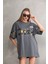 Unisex Bisiklet Yaka Baskılı Oversize T-Shirt - Gri 1