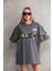 Unisex Bisiklet Yaka Baskılı Oversize T-Shirt - Gri 4