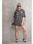 Unisex Bisiklet Yaka Baskılı Oversize T-Shirt - Gri 5