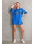 Unisex Bisiklet Yaka Baskılı Oversize T-Shirt - Mavi 1