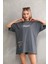 Unisex Bisiklet Yaka Baskılı Oversize T-Shirt - Gri 4