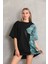 Unisex Bisiklet Yaka Baskılı Oversize T-Shirt - Siyah 2