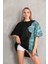 Unisex Bisiklet Yaka Baskılı Oversize T-Shirt - Siyah 4