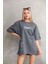 Unisex Bisiklet Yaka Baskılı Oversize T-Shirt - Gri 3