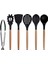 Siyah Bambu Silikon Set - Kepçe, Kaşık, Kevgir, Makarna, Açılı Spatula, Metal Maşa 6 lı Set 1