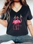 Kadın V Yaka Salaş Flamingo Baskılı Oversize Boyfriend T-Shirt 1