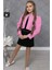 Kız Çocuk Üzeri Taş Işlemeli Etek Askılı Penye Bluz ve Pembe Blazer Ceket Etekli Takım 1
