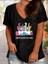 Kadın V Yaka Salaş Happy Easter Baskılı Oversize Boyfriend T-Shirt 1