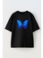 Unisex Siyah Oversize Pamuk Mavi Kelebek Baskılı Örme T-Shirt 1