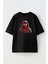 Unisex Siyah Oversize Pamuk Spiderman Kapşonlu Baskılı Örme T-Shirt 1