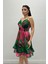 Organze Sifon Kumaş Desenli Mini Elbise - Yeşil 3