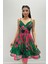 Organze Sifon Kumaş Desenli Mini Elbise - Yeşil 4