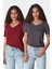 V Yaka Kısa Kol 2'li Basic T-Shirt 962 Füme/bordo 1