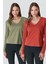 V Yaka Uzun Kol 2'li Basic T-Shirt 954 Haki/kiremit 1
