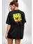 Spongebob Mutlu Karakter Siyah Oversize Kadın Erkek Ön ve Sırt Baskılı T-Shirt 3