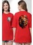 Renkli Kaplan Kükrüyor Kırmızı Oversize Kadın Erkek Ön ve Sırt Baskılı T-Shirt 1