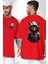 Hip Hop Gençlik Kedi Çeket Kırmızı Oversize Kadın Erkek Ön ve Sırt Baskılı T-Shirt 1