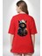 Hip Hop Gençlik Kedi Çeket Kırmızı Oversize Kadın Erkek Ön ve Sırt Baskılı T-Shirt 4