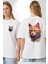 Hayvan Kedi Sanat Potre Beyaz Oversize Kadın Erkek Ön ve Sırt Baskılı T-Shirt 1