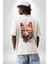 Hayvan Kedi Sanat Potre Beyaz Oversize Kadın Erkek Ön ve Sırt Baskılı T-Shirt 4