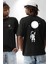Astronot Ay Balon Siyah Oversize Kadın Erkek Ön ve Sırt Baskılı T-Shirt 1