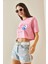 Pembe Baskılı Bisiklet Yaka Crop T-Shirt 5YXK1-48564-20 5