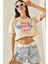 Bej Baskılı Bisiklet Yaka Crop T-Shirt 5YXK1-48564-25 5