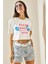 Beyaz Baskılı Bisiklet Yaka Crop T-Shirt 5YXK1-48564-01 2