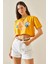 Hardal Baskılı Bisiklet Yaka Crop T-Shirt 5YXK1-48564-37 2